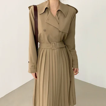 

ZCSMLL Korea Chic French Elegant Lapel Double-breasted Waist and Knee-length Pleated Windbreaker Women Jacket with Belt
