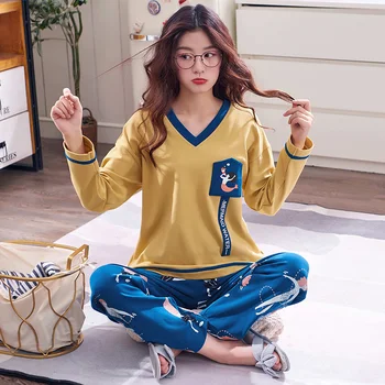

100% Cotton V-neck Pajama Sets for Women 2020 Spring Autumn Long Sleeve Pyjama Girl Cute Cartoon Sleepwear Pijama Mujer Homewear