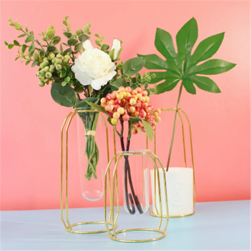 

Nordic ins metal iron water culture container glass test tube vase creative home living room flower stand decoration