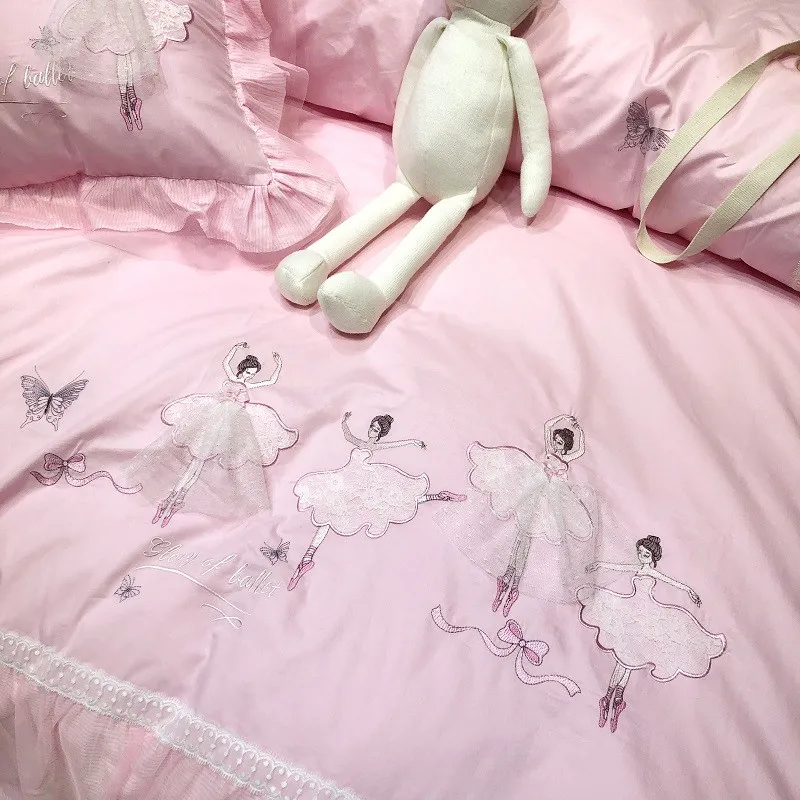 

Ballet Girl Applique Embroidery Egyptian Cotton Comfortable Bedding set Pink Lace Duvet cover Bed Linen Fitted Sheet Pillowcases