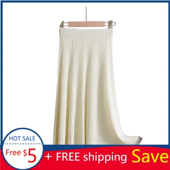 

2020Autumn Winter Pleated Skirt Ice Silk Casual Knitted Skirt Women's Medium Length High Waist Women's Clothing Bottom Fashion