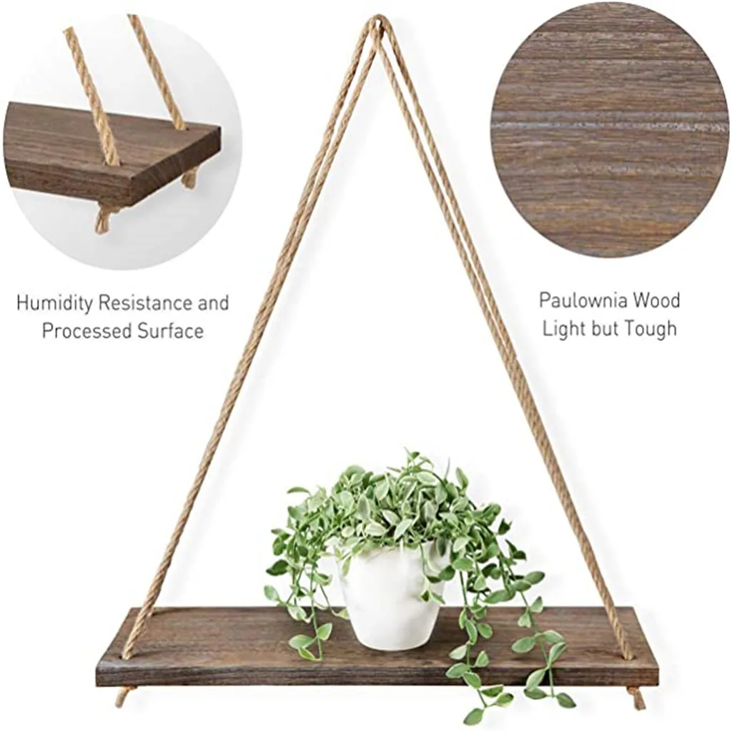 Premium Wood Swing Twine Hanging Rope Wall Mounted Floating Shelves Plant Flower Pot Wall Storage Holder Home Room Decoration