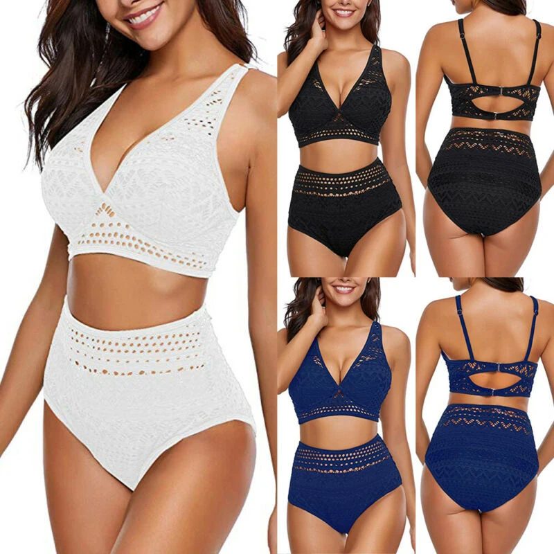Women Fashion Sexy High Waist Hollow Out Lace Bikini Solid Deep V Neck Push Up Padded Swimsuit Bathing Suit Beach Swimwear Women Fashion Sexy High Waist Hollow Out Lace Bikini Solid Deep V Neck Push Up Padded Swimsuit Bathing Suit Beach Swimwear
