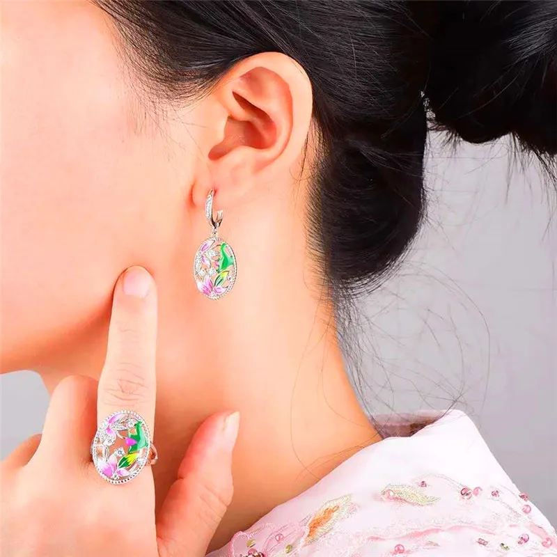 Female Colorful Enamel Flower Ring 925 Silver Color Big Oval Geometric Wedding Rings For Women Luxury Engagement Ring Jewelry Cz