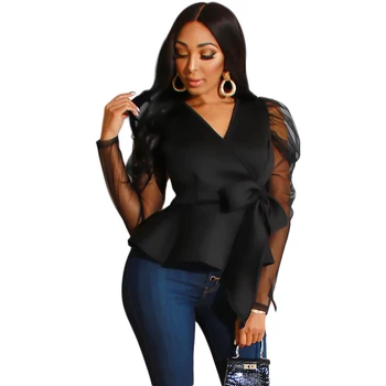 

Casual Women Blouses Shirt Blue Black Red Office Party Wear Ladies Tops Mesh Sleeve v Neck Wrap Bow Tie Peplum Shirts Blusas