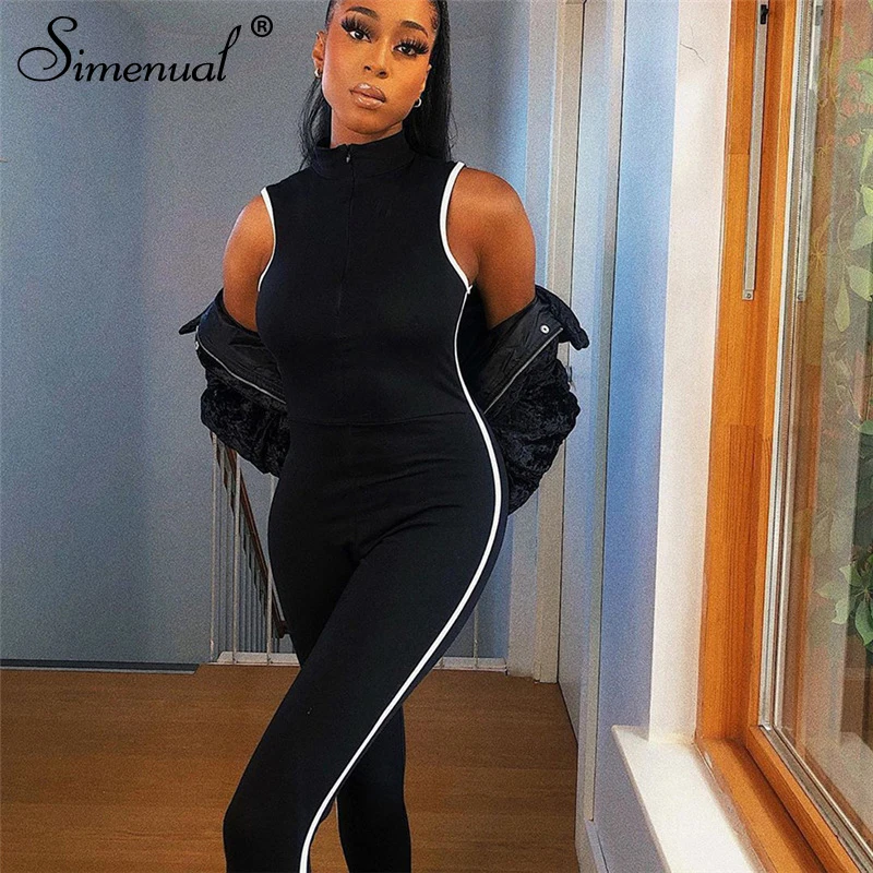 

Simenual Side Striped Workout Casual Rompers Womens Jumpsuit Sleeveless Athleisure Active Wear 2020 Summer Black Jumpsuits Slim