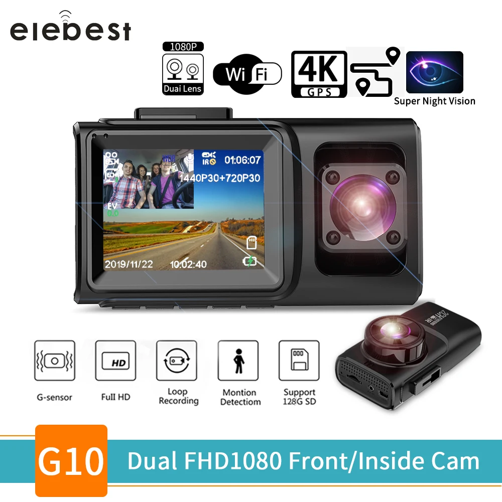 ELEBEST Автомобильная камера WiFi GPS 1080P передний/Внутренний двойной объектив