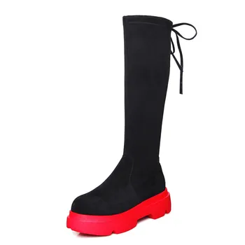 

RIBETRINI new arrival suede leather knee high boots women rivet lace up autumn winter boots female flat platform shoes