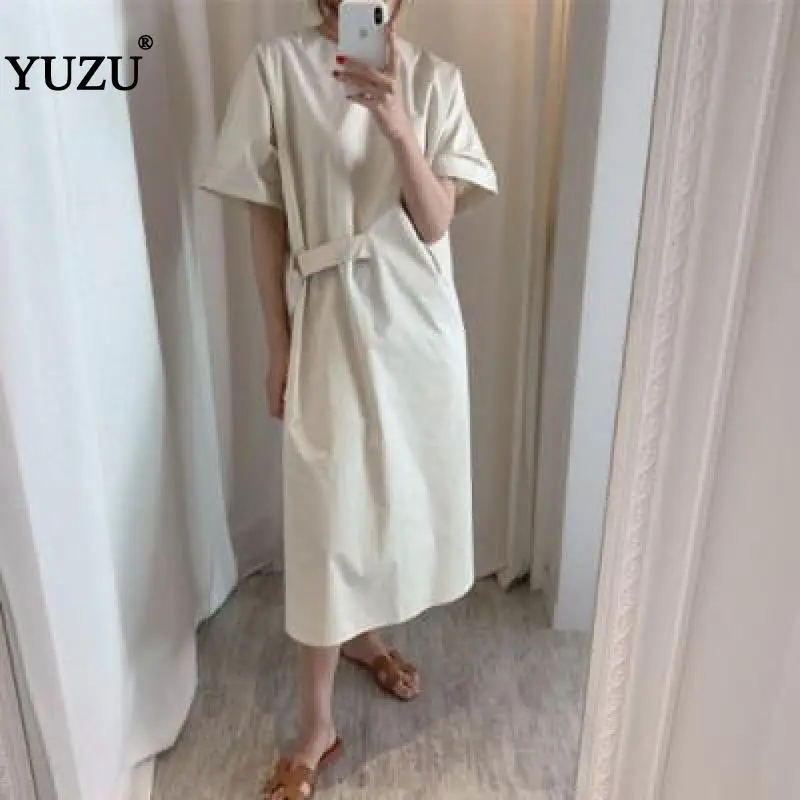 

Vintage Loose Designer Clothes Solid Long Dress Summer 2020 Short Sleeve Belt Lacing Up Side Mid-calf O Neck Dresses Korean