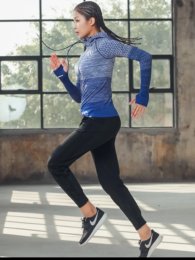 

Spandex Women Winter Sports Yoga Wear Running Jacket Sports Jacket Fitness Running Yoga Wear Slim Zipper Hooded Coat