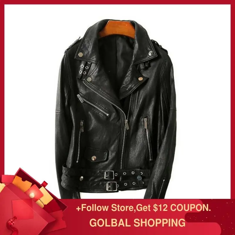 

2020 Black Women Short Motorcycle Style Leather Jacket Plus Size 3XL Genuine Thin Sheepskin Spring Slim Fit Biker's Leather Coat