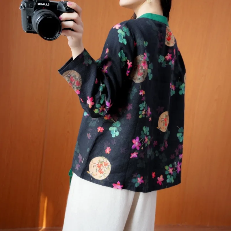 Cotton Linen Cheongsam Top Women Printing Retro Chinese Style Shirt Hanfu Zen China Traditional Tang Suit Blouses Femme Harajuku