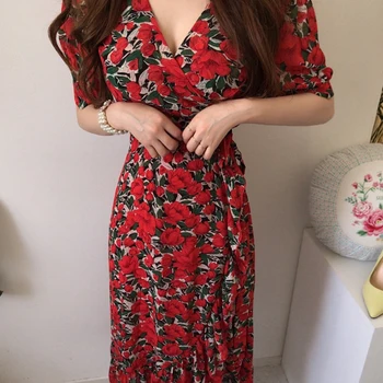 

VICONE A chic red roses ruffles chip bind long dress