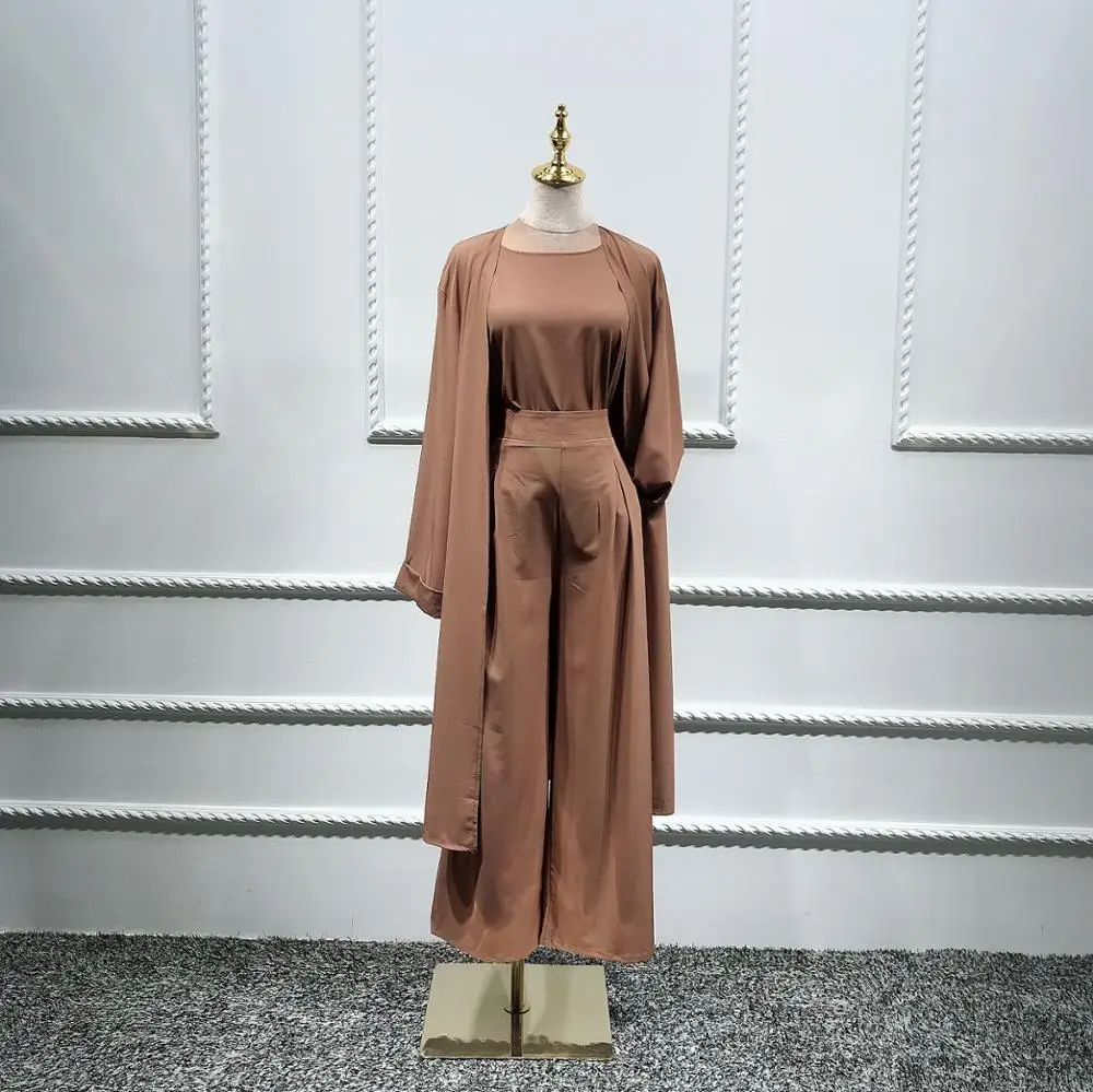 Brown set Три части абайя турецкое кимоно топы брюки мусульманское платье абайя s хиджаб халат Дубайский кафтан ислам одежда для женщин джеллаба - Цвет: Brown set
