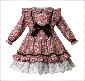 

0-12Y Girl Autumn Winter Wine Red Green Coffee Floral Long Sleeve Vintage Lolita Princess Ball Gown Dress for Christmas Party