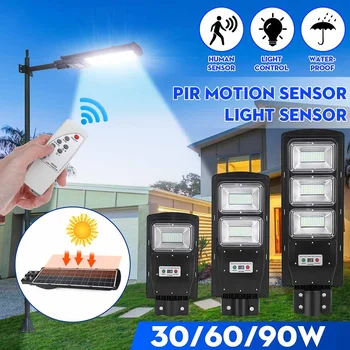 

222 90W LED Solar Street Light Wall Garden Lights Waterproof Outdoor Lighting with Remote Dusk to Dawn PIR Motion Sensor