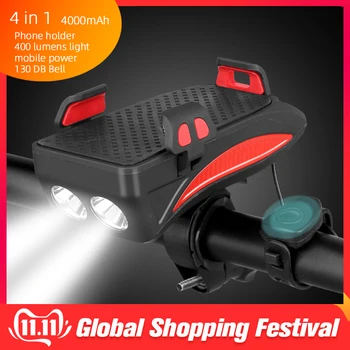 

4 in 1 Bicycle Light Flashlight Bike Horn Alarm Bell Phone Holder Power Bank Bike Accessories Cycling Front Light
