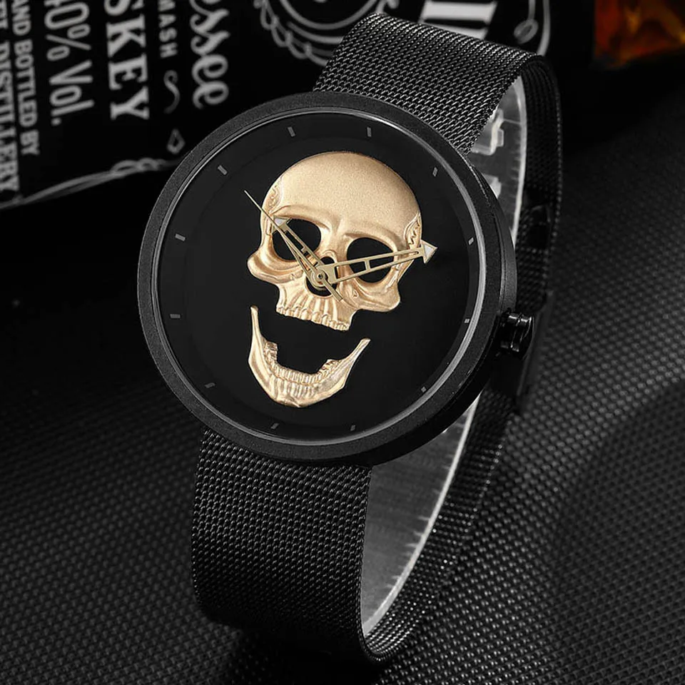 Женские часы с черепом Мужские кварцевые наручные часы из нержавеющей стали для пары Женские Reloj гравированные Мужские Женские часы Relogio Masculino Мексика - Цвет: black skull watch