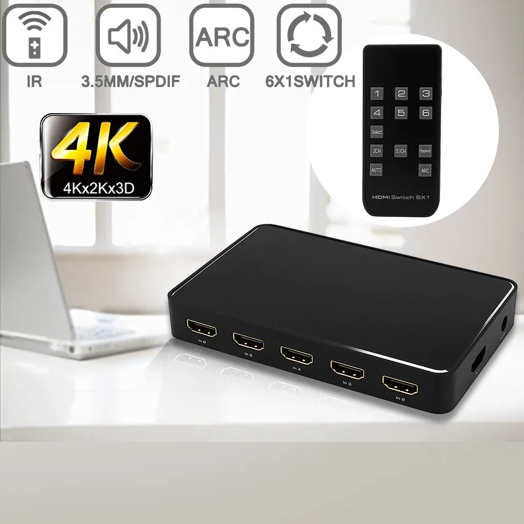6 в 1 выход 4K HDMI 1,4 переключатель 3,5 mmAudio/SPIDF оптический Toslink/ARC IR беспроводной контроль 5 В/1A DC адаптер питания#822