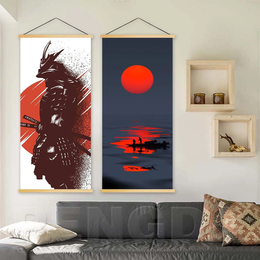 

Pictures Nordic Scroll Modern Japanese Samurai Wall Art Classic Canvas Poster Solid Wood Hanging Painting Print Home Decoration
