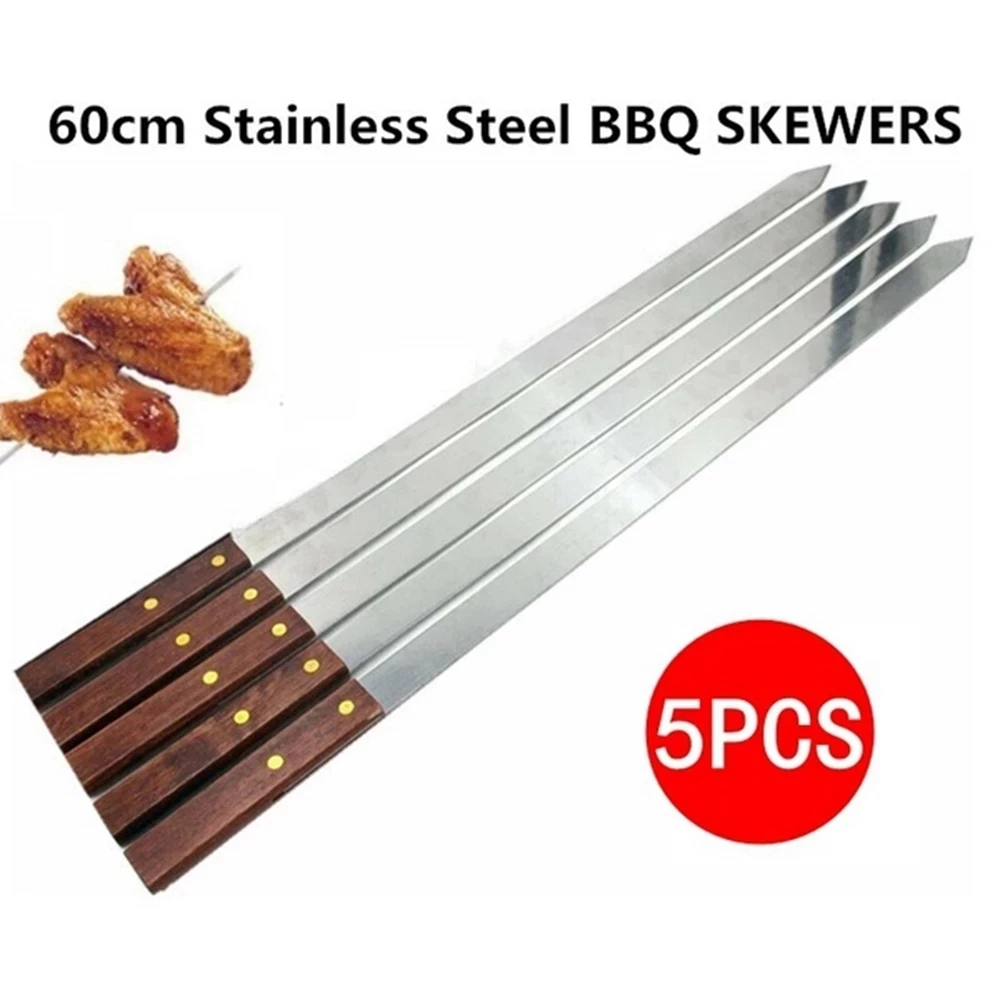 5pcs Stainless Steel U-Shaped Wooden Handle BBQ Skewers Barbecue Shish Keba 
