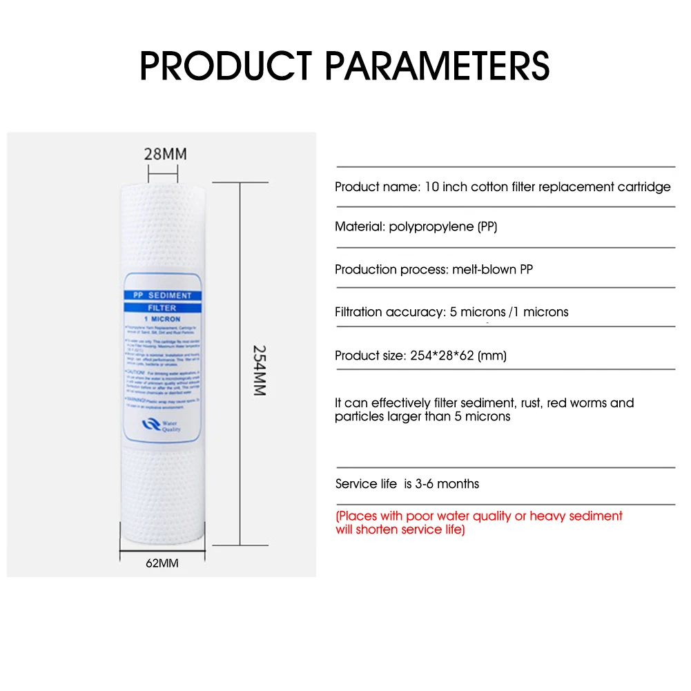 RO Water Replacement PP Sediment Filter 1 Micron / 5 Micron 10'' Acupuncture Process 6.2*6.2*25.4cm Cartridge Reverse Osmosis