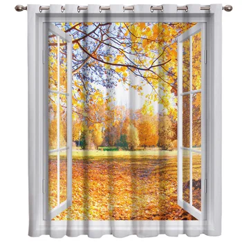 

The Park Outside The Window Autumn Yellow Leaves Window Curtains Dark Living Room Curtain Rod Kitchen Drapes Fabric Indoor