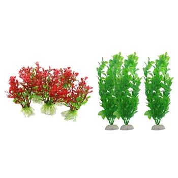 

8 Pcs Aquarium Decor Plants: 3 Pcs 10.6 Inch Height Green Plastic Artificial Plants & 5 Pcs Red Green Plastic Plant Decor W Cera