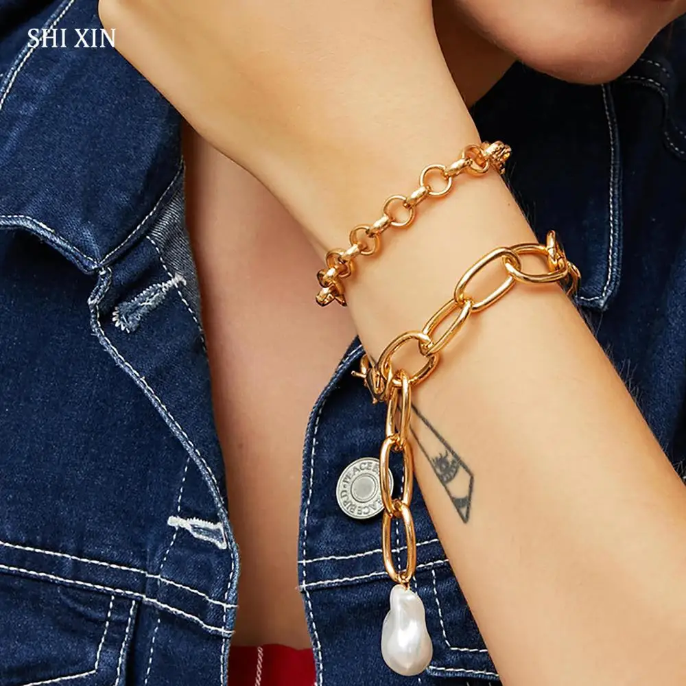 SHIXIN 2 шт разделяемые панк массивные браслеты-цепочки с жемчужной подвеской, очаровательный браслет для женщин, хип-хоп ручная цепочка, ювелирные изделия для женщин