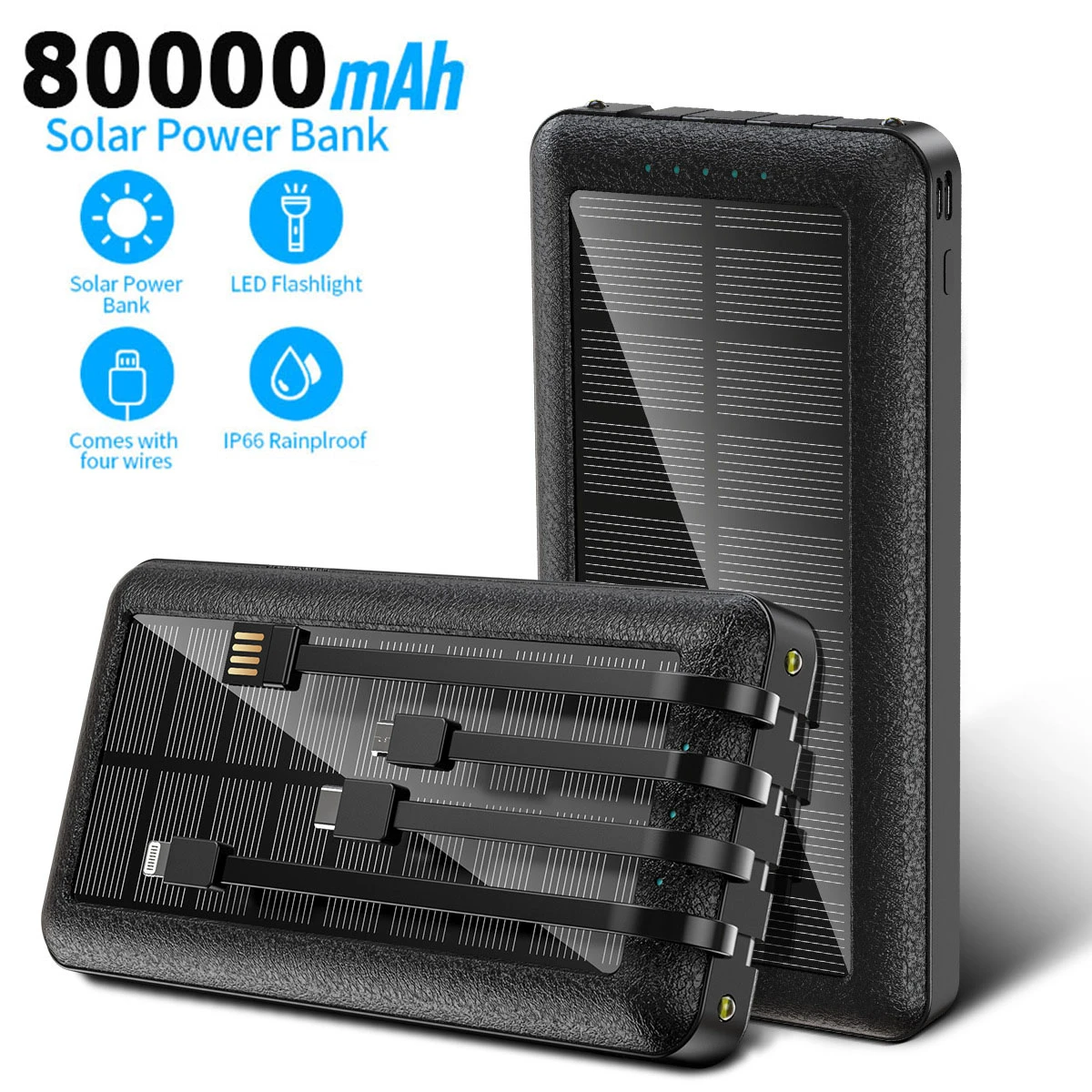 type c power bank 80000mah Power Bank with Solar Panel Portable Fast Charging External Battery Come with Data Lines Apply to Xiaomi Iphone Samsung portable battery charger