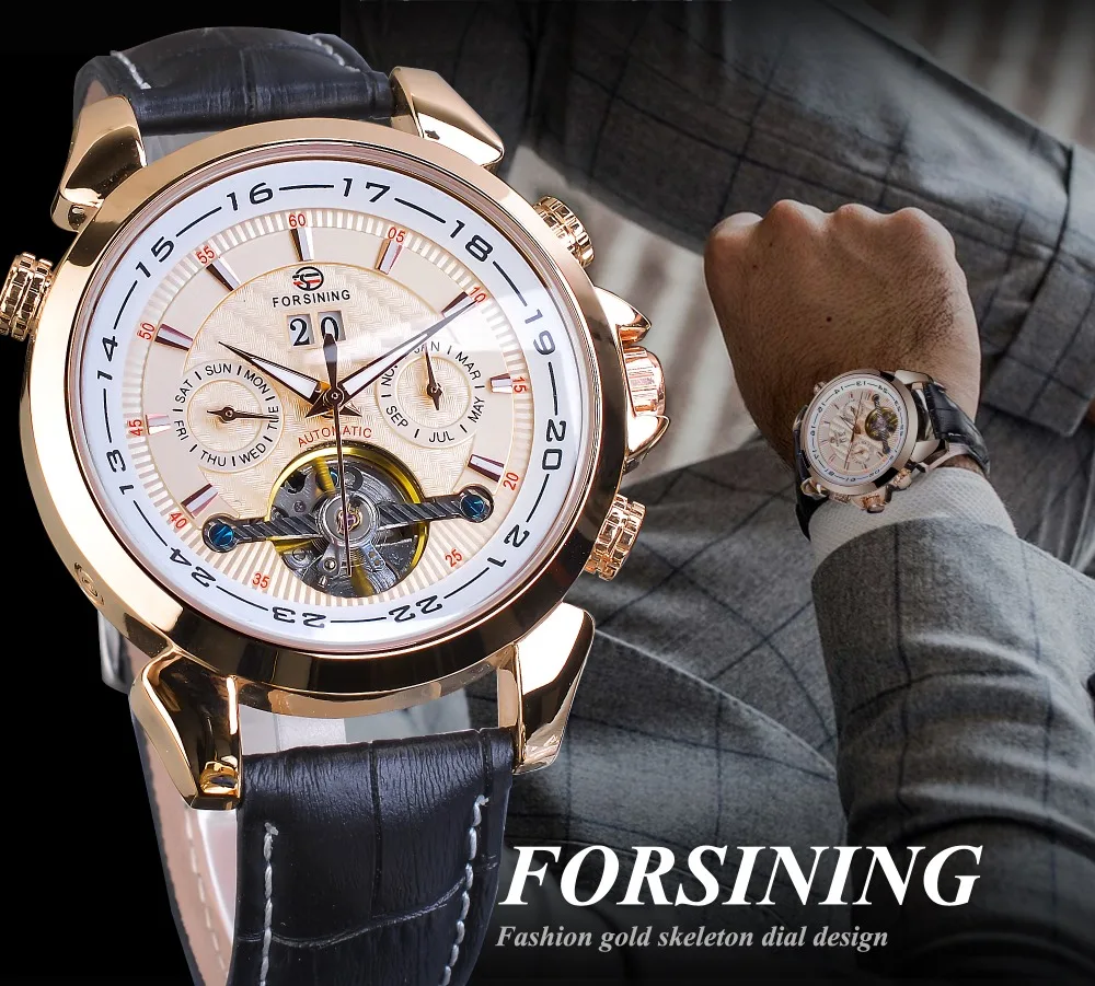 Forsining классические Tourbillon Мужские механические часы розовое золото Календарь из натуральной кожи Бизнес костюм автоматические часы для мужчин подарок
