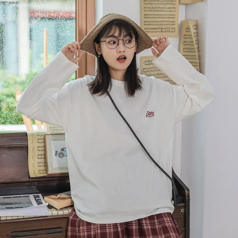 Autumn Winter Shirts Women Long Sleeve Letter Graphic Japanese Style Cotton Soft Comfortable Loose Plus Size Tops Y2k Clothing