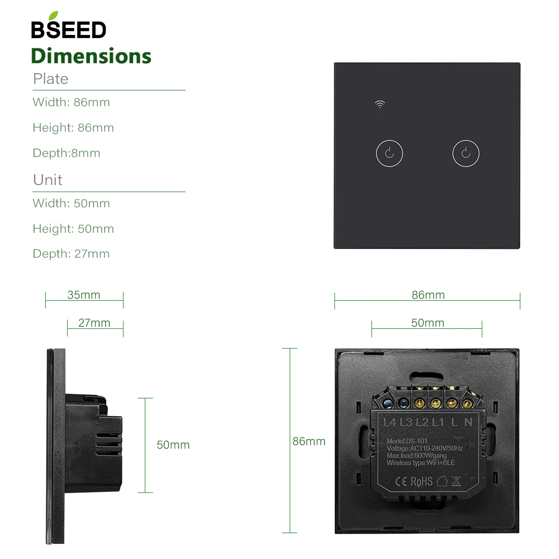 Сенсорный выключатель BSEED EU переключатели Wi Fi 2 клавиши 1 канал светодиодные