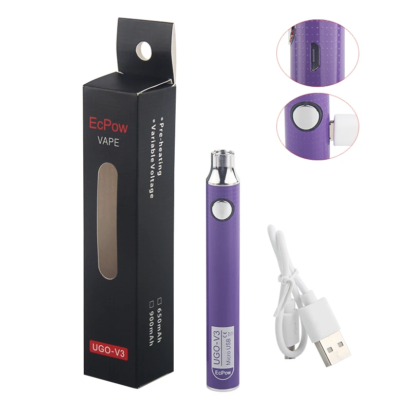 Фиолетовый 1 шт. UGO V3 510 аккумулятор с переменным напряжением микро USB перезаряжаемое эго Vape 650 900 мАч Evod VV ручка для подогрева - Цвет: Фиолетовый