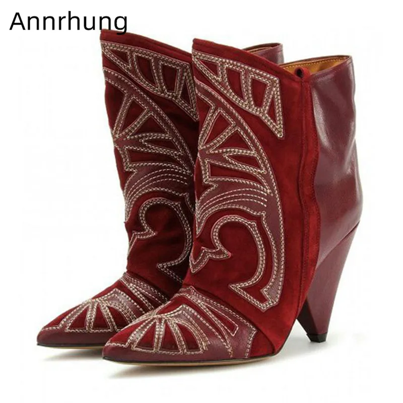 

2019 New Winter Ankle Boots Women Patchwork Short Botas Mujer Retro Spike Heel Embroidery Knight Booties Fashion Boots Women