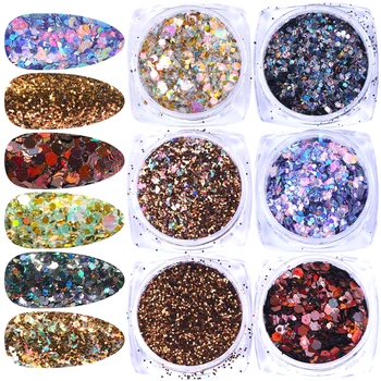 

6pcs Mix Holographic Glitter on Nails 3D Hexagon Gradient Dipping Powder Dazzling Flakes Spangles Nail Art Decorations LY1539-10