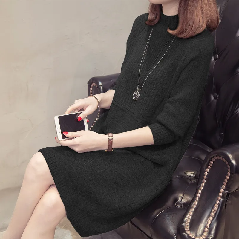Comprar Vestido de Jersey de cuello alto 2019 para mujer moda Otoño e Invierno Jersey de punto suéter vestido de mujer de manga larga