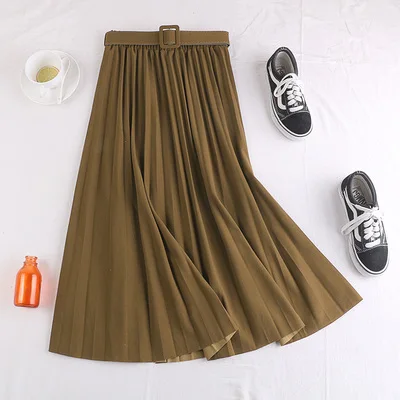 khaki green Женские Розовые Юбки миди с поясом и высокой талией, шифоновые гофрированные длинные юбки для женщин, повседневные офисные юбки, Saia Femme Jupe - Цвет: khaki green