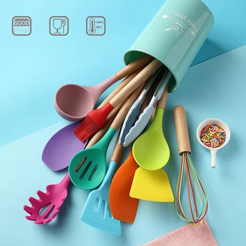 

12 PCS Colorful Silicone Kitchen Cooking Utensils Set Non-stick Spatula Wooden Handle Kitchenware With Storage Box Kitchen Tools