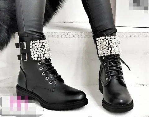 

[GOGD]2019 Winter Boots Women Autumn And Winter Flat Leather Boots Women's Pearl Round Toe