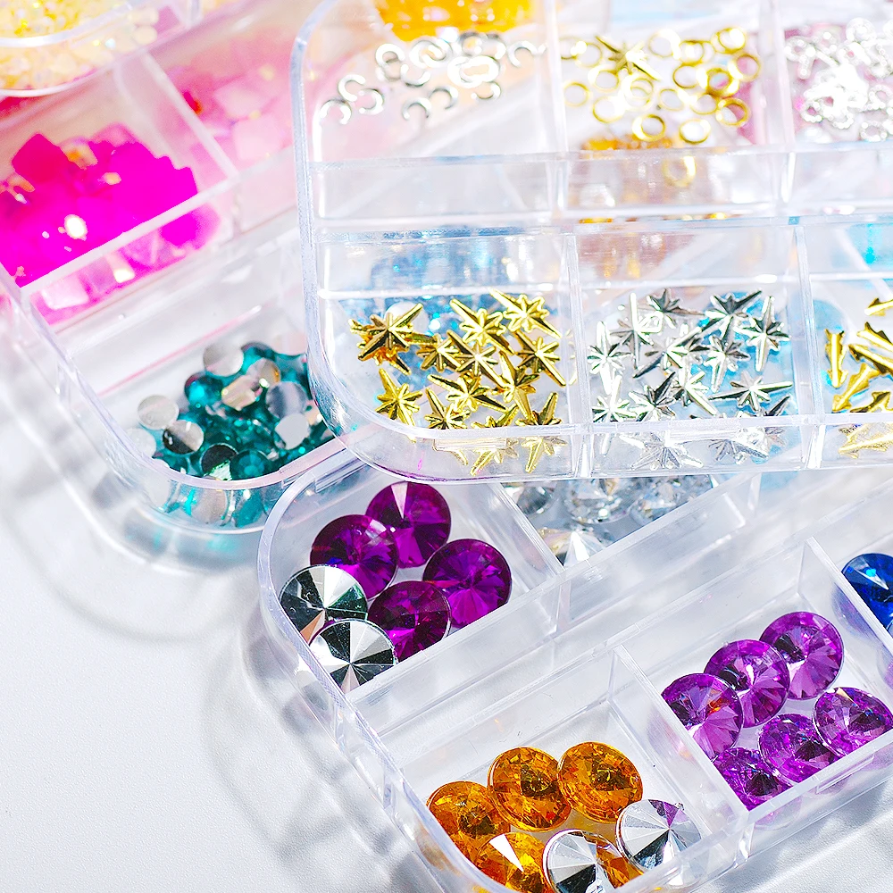 12 Grid New Fashion High Quality Silver Punk Style Rivet AB Color Jelly Resin Rhinestone Glass Stone For DIY Nail Art Decoration