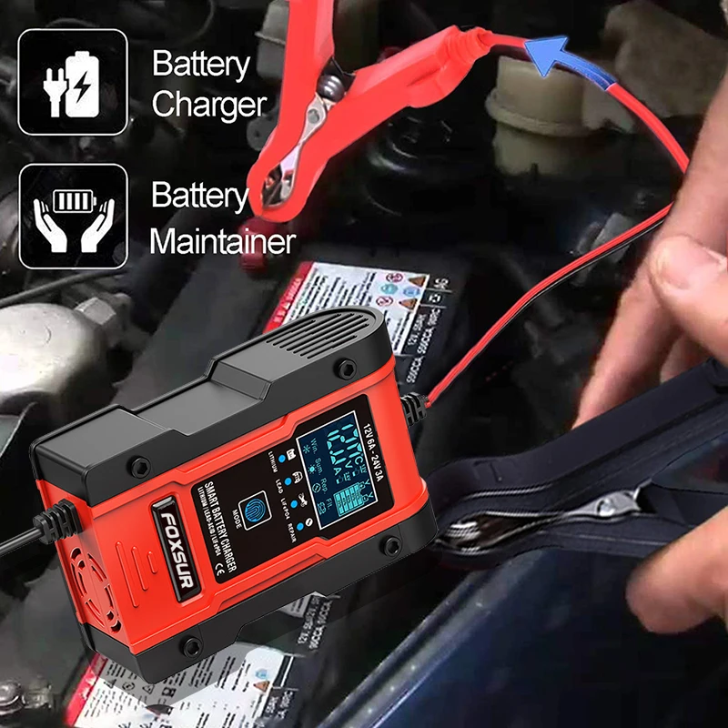 Truck Battery Charger Heavy Duty , FOXSUR 12V 6A 24V 3A Car Smart Battery Charger Fast Charge AGM LiFePO4 Lead-Acid Battery