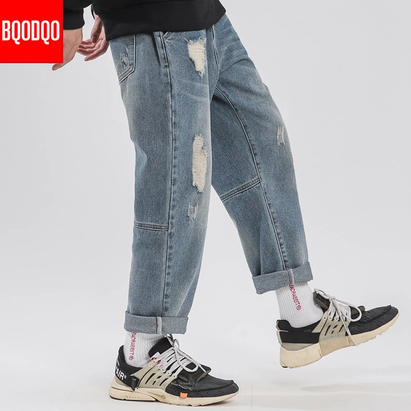 5XL Baggy Jeans de Hip Hop hombres otoño negro extraño Streetwear pantalón Denim Hombre azul de marca de moda Social arrancó pantalones bombachos holgados|Pantalones vaqueros| -