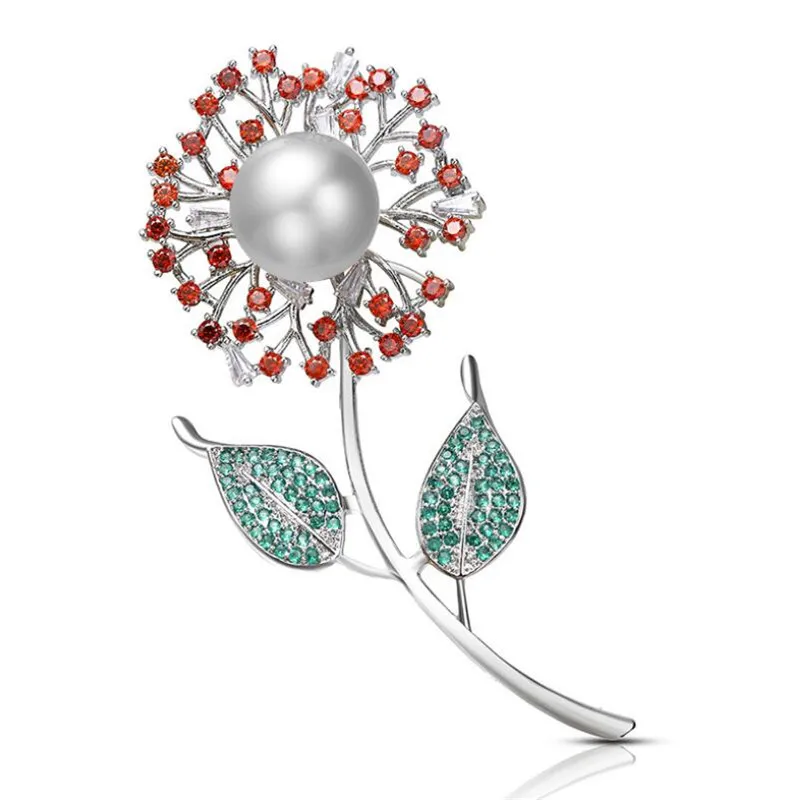 HZ070 Silver Роскошные Стразы, цветы, жемчужная брошь, эмалированный штифт, значок, красивый цветок, броши для женщин, аксессуары, ювелирные изделия, рождественские подарки - Окраска металла: HZ070 Silver