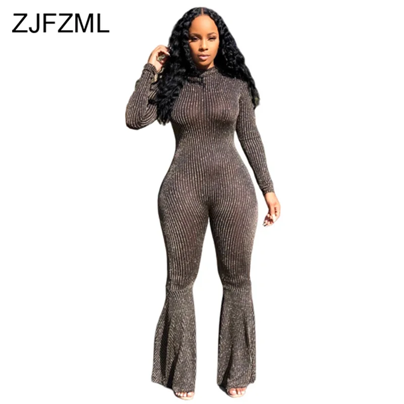 Bling Lurex Sexy Bell Bottom Bodysuit Long Sleeve Striped Flare Jumpsuit Party Night Club Ladies One Piece Plus Size Bodysuit