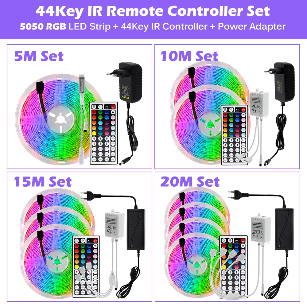 Светодиодная лента RGB 5050 2835 гибкая светодиодная 10 м 15 20 12 В + адаптер питания