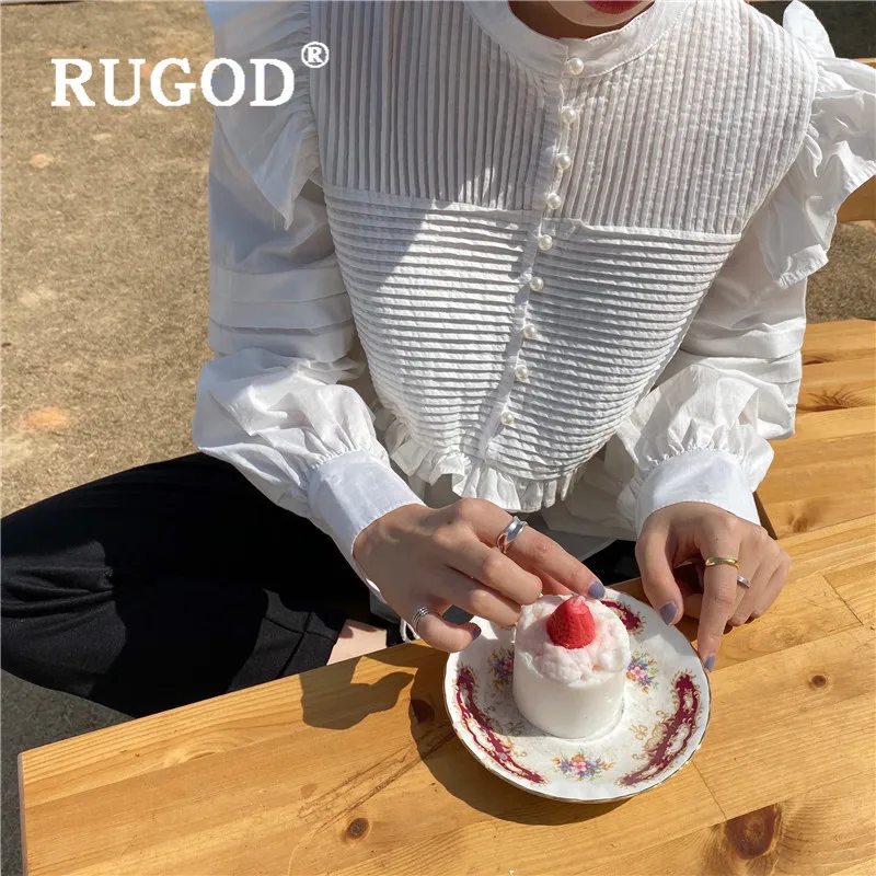 RUGOD Блузка с оборками для женщин, женские винтажные блузки с длинным рукавом, однотонный элегантный топ, корейская модная одежда, женские рубашки на каждый день
