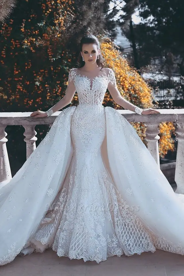 Gorgeous Long Sleeve Detachable Train White Lace Wedding Dress