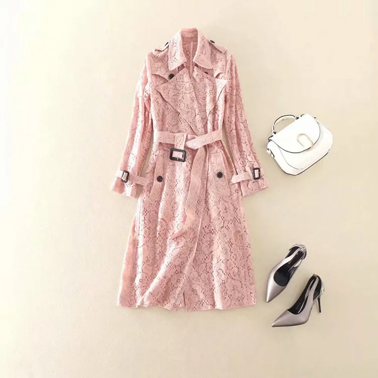 Pink AELESEEN/ Новая модная Роскошная Цветочная кружевная ветровка для женщин в английском стиле, Подиумные дизайнерские пояса, открытое длинное пальто - Цвет: Pink