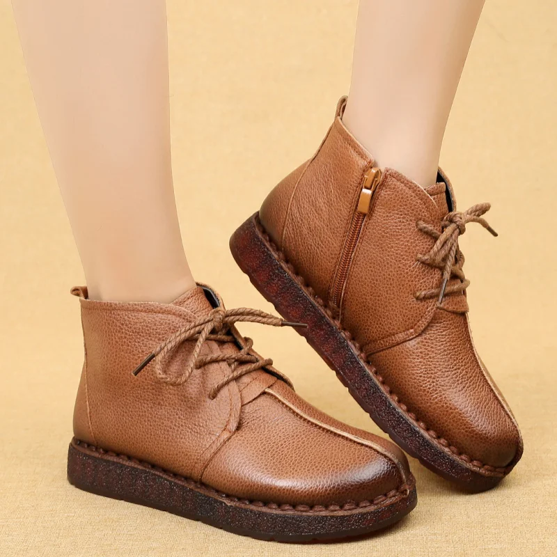 GKTINOO Women Snow Boots Vintage Genuine Leather Fur Winter Warm Ankle Boots For Women Flat Mother Shoes